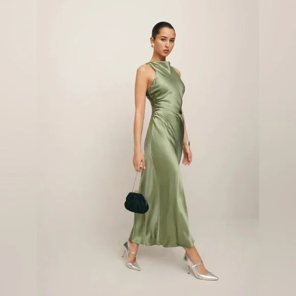 Reformation NWT Casette Silk Dress Size 12 in Artichoke - Picture 4 of 14